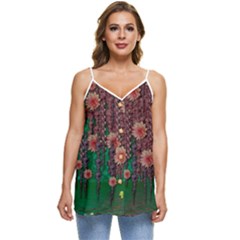 Floral Vines Over Lotus Pond In Meditative Tropical Style Casual Spaghetti Strap Chiffon Top by pepitasart