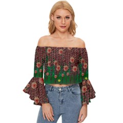 Floral Vines Over Lotus Pond In Meditative Tropical Style Off Shoulder Flutter Bell Sleeve Top