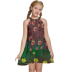 Floral Vines Over Lotus Pond In Meditative Tropical Style Kids  Halter Collar Waist Tie Chiffon Dress by pepitasart