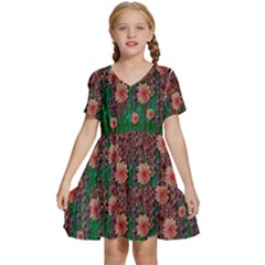 Floral Vines Over Lotus Pond In Meditative Tropical Style Kids  Short Sleeve Tiered Mini Dress by pepitasart