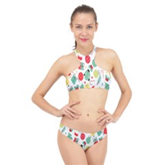 Vintage-handdrawn-seamless-pattern-with-christmas-elements High Neck Bikini Set