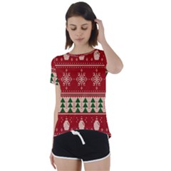 Knitted-christmas-pattern Short Sleeve Foldover Tee