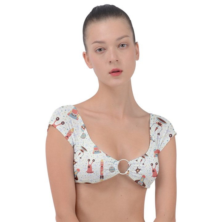 Seamless-background-with-spaceships-stars Cap Sleeve Ring Bikini Top