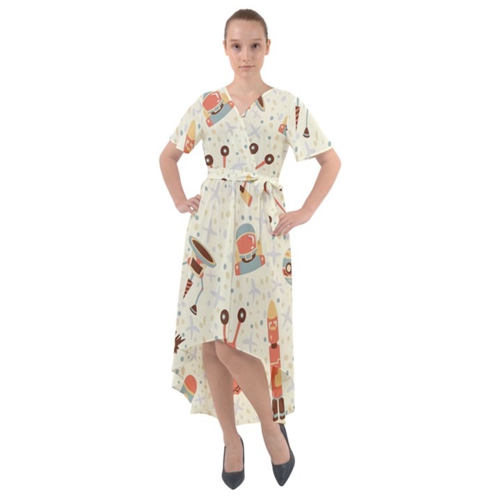 Seamless-background-with-spaceships-stars Front Wrap High Low Dress