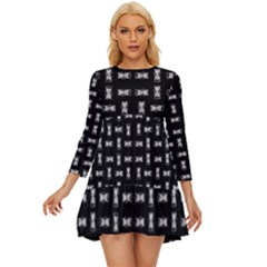 Fantasy Ethnic Caricature Motif Pattern Long Sleeve Babydoll Dress