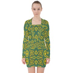 Abstract Pattern Geometric Backgrounds V-neck Bodycon Long Sleeve Dress by Eskimos