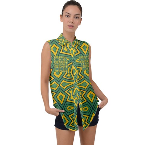 Abstract Pattern Geometric Backgrounds Sleeveless Chiffon Button Shirt by Eskimos