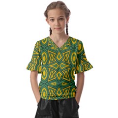 Abstract Pattern Geometric Backgrounds Kids  V-neck Horn Sleeve Blouse by Eskimos