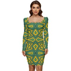 Abstract Pattern Geometric Backgrounds Women Long Sleeve Ruched Stretch Jersey Dress