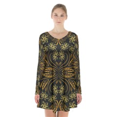 Folk Flowers Print Floral Pattern Ethnic Art Long Sleeve Velvet V-neck Dress