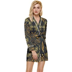 Folk Flowers Print Floral Pattern Ethnic Art Long Sleeve Satin Robe by Eskimos