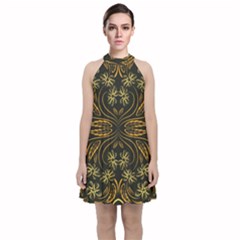 Folk Flowers Print Floral Pattern Ethnic Art Velvet Halter Neckline Dress 