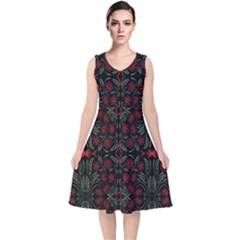 Folk Flowers Print Floral Pattern Ethnic Art V-neck Midi Sleeveless Dress  by Eskimos