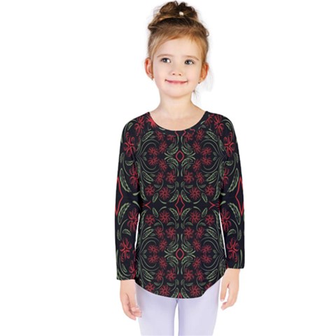 Folk Flowers Print Floral Pattern Ethnic Art Kids  Long Sleeve Tee by Eskimos