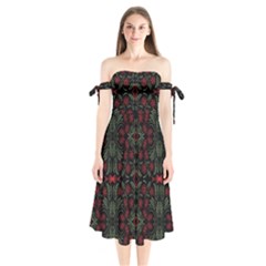 Folk Flowers Print Floral Pattern Ethnic Art Shoulder Tie Bardot Midi Dress by Eskimos