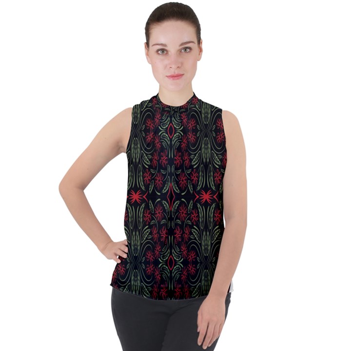 Folk flowers print Floral pattern Ethnic art Mock Neck Chiffon Sleeveless Top