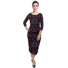 Folk Flowers Print Floral Pattern Ethnic Art Quarter Sleeve Midi Velour Bodycon Dress by Eskimos