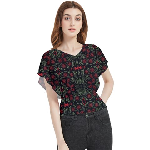 Folk Flowers Print Floral Pattern Ethnic Art Butterfly Chiffon Blouse by Eskimos