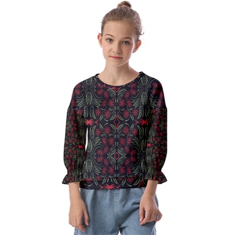 Folk Flowers Print Floral Pattern Ethnic Art Kids  Cuff Sleeve Top by Eskimos