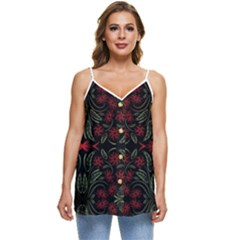 Folk Flowers Print Floral Pattern Ethnic Art Casual Spaghetti Strap Chiffon Top by Eskimos