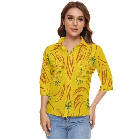 Folk Flowers Print Floral Pattern Ethnic Art Women s Quarter Sleeve Pocket Shirt by Eskimos