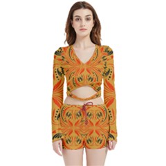 Folk Flowers Print Floral Pattern Ethnic Art Velvet Wrap Crop Top And Shorts Set by Eskimos