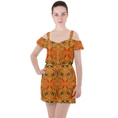 Folk Flowers Print Floral Pattern Ethnic Art Ruffle Cut Out Chiffon Playsuit by Eskimos