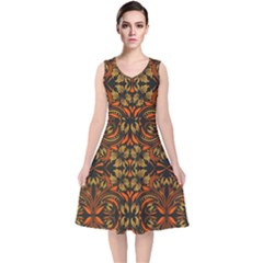 Folk Flowers Print Floral Pattern Ethnic Art V-neck Midi Sleeveless Dress  by Eskimos