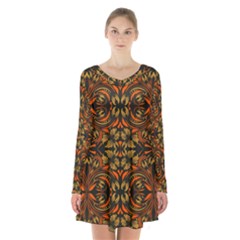 Folk Flowers Print Floral Pattern Ethnic Art Long Sleeve Velvet V-neck Dress