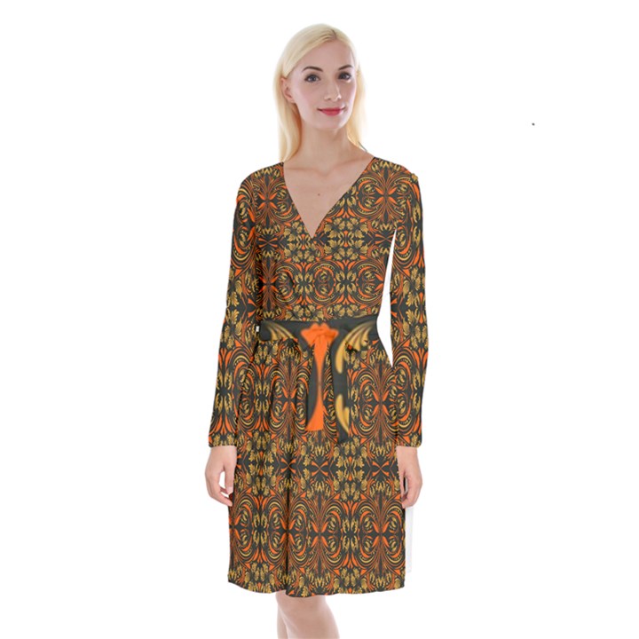 Folk flowers print Floral pattern Ethnic art Long Sleeve Velvet Front Wrap Dress