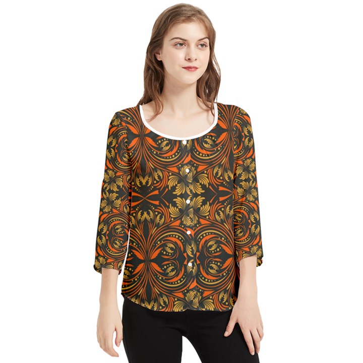 Folk flowers print Floral pattern Ethnic art Chiffon Quarter Sleeve Blouse