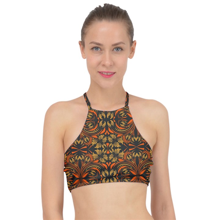 Folk flowers print Floral pattern Ethnic art Racer Front Bikini Top