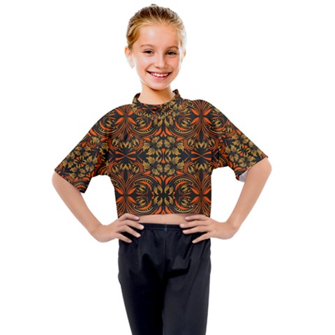 Folk Flowers Print Floral Pattern Ethnic Art Kids Mock Neck Tee by Eskimos