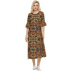 Folk Flowers Print Floral Pattern Ethnic Art Double Cuff Midi Dress by Eskimos