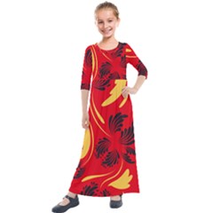 Folk Flowers Print Floral Pattern Ethnic Art Kids  Quarter Sleeve Maxi Dress by Eskimos