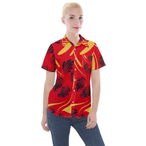 Folk Flowers Print Floral Pattern Ethnic Art Women s Short Sleeve Pocket Shirt by Eskimos