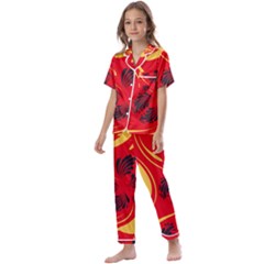 Folk Flowers Print Floral Pattern Ethnic Art Kids  Satin Short Sleeve Pajamas Set