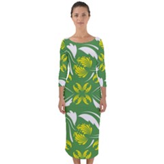 Folk Flowers Print Floral Pattern Ethnic Art Quarter Sleeve Midi Bodycon Dress by Eskimos