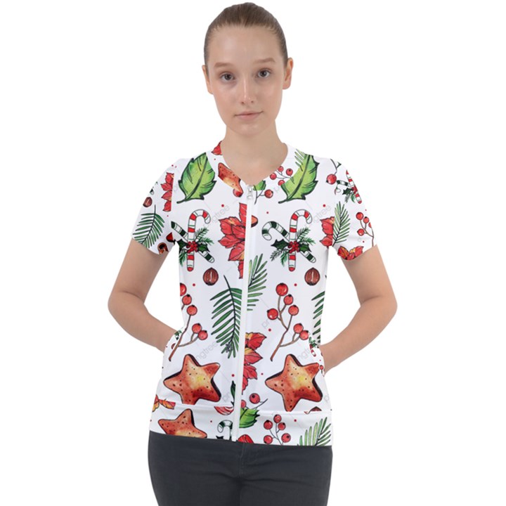 Pngtree-watercolor-christmas-pattern-background Short Sleeve Zip Up Jacket