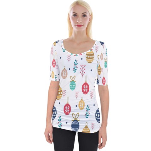 Seamless-pattern-cute-christmas-balls-shariki-igrushki-rozhd Wide Neckline Tee by nate14shop