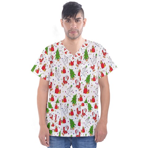 Hd-wallpaper-christmas-pattern-pattern-christmas-trees-santa-vector Men s V-neck Scrub Top by nate14shop