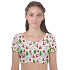 Hd-wallpaper-christmas-pattern-pattern-christmas-trees-santa-vector Velvet Short Sleeve Crop Top  by nate14shop