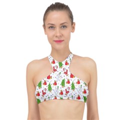 Hd-wallpaper-christmas-pattern-pattern-christmas-trees-santa-vector High Neck Bikini Top by nate14shop