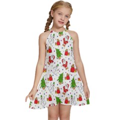 Hd-wallpaper-christmas-pattern-pattern-christmas-trees-santa-vector Kids  Halter Collar Waist Tie Chiffon Dress by nate14shop