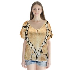 Wooden Heart V-Neck Flutter Sleeve Top