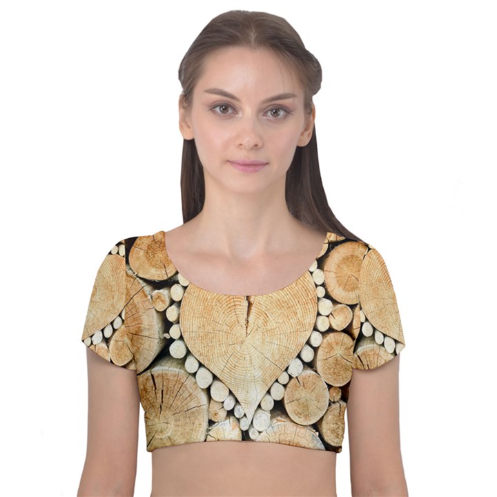 Wooden Heart Velvet Short Sleeve Crop Top 