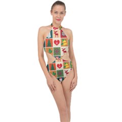 Christmas-pattern Halter Side Cut Swimsuit