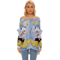 Panda Off Shoulder Chiffon Pocket Shirt