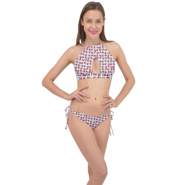 Spanish Love Phrase Motif Pattern Cross Front Halter Bikini Set