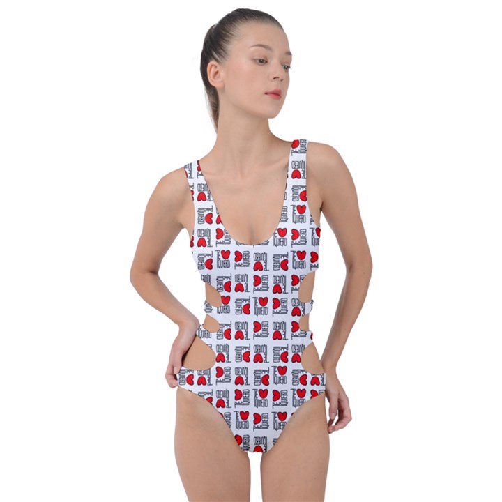 Spanish Love Phrase Motif Pattern Side Cut Out Swimsuit